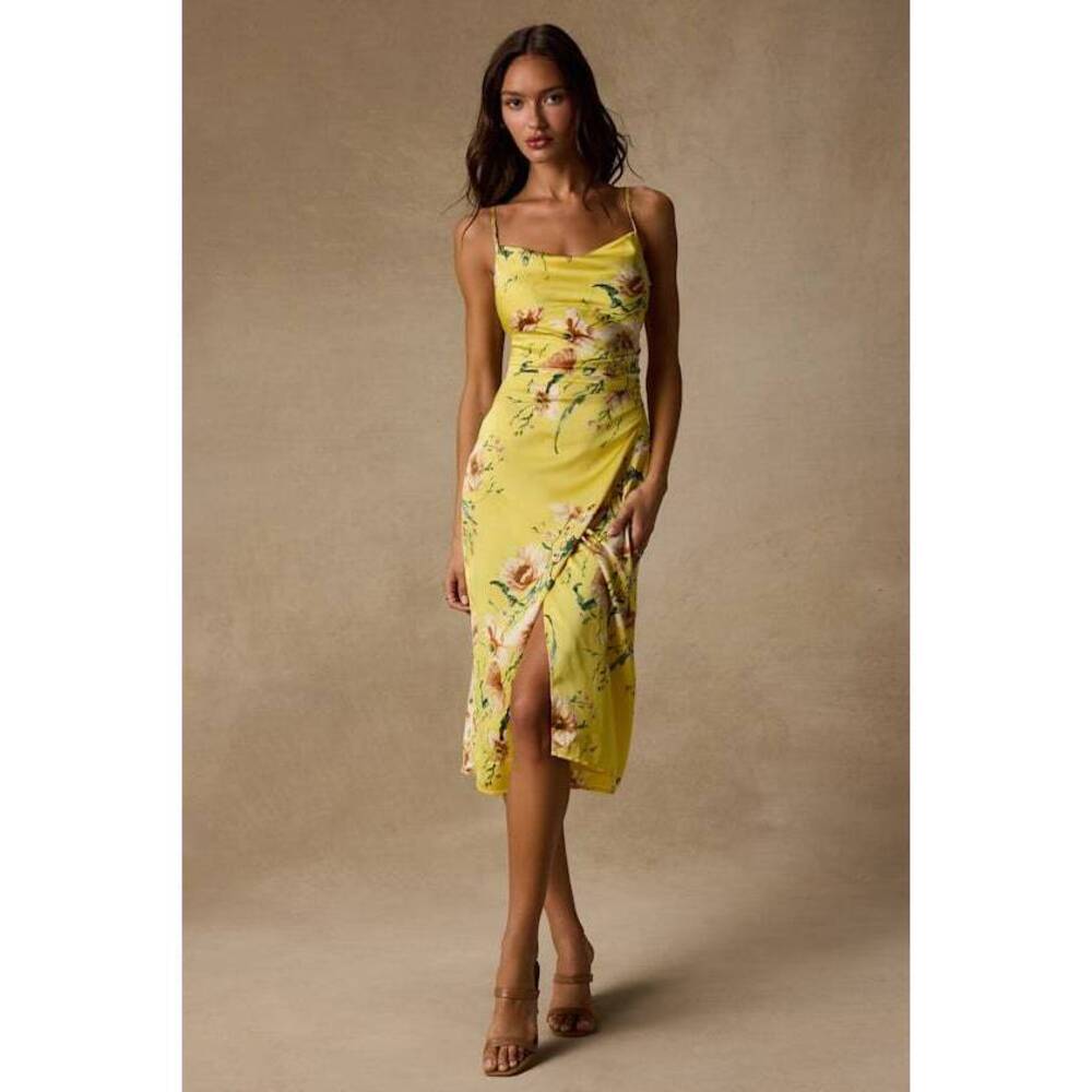 Lulus Sunny Blossom Yellow Floral Print Satin Cowl Neck Midi Dress - Size M